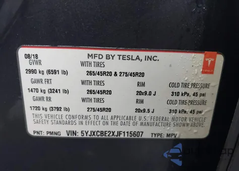 2018 Tesla Model X 100D/75D/P100D из США, поврежденный, VIN 5YJXCBE2XJF115607